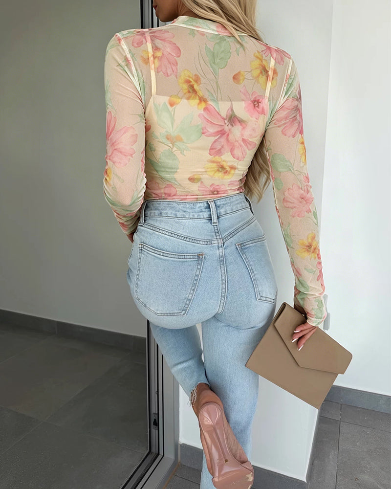 Women's French Style Watercolor Floral Print Mesh Top Long Sleeve Sheer Blouse See Through Slim Fit Tee with Thumbholes