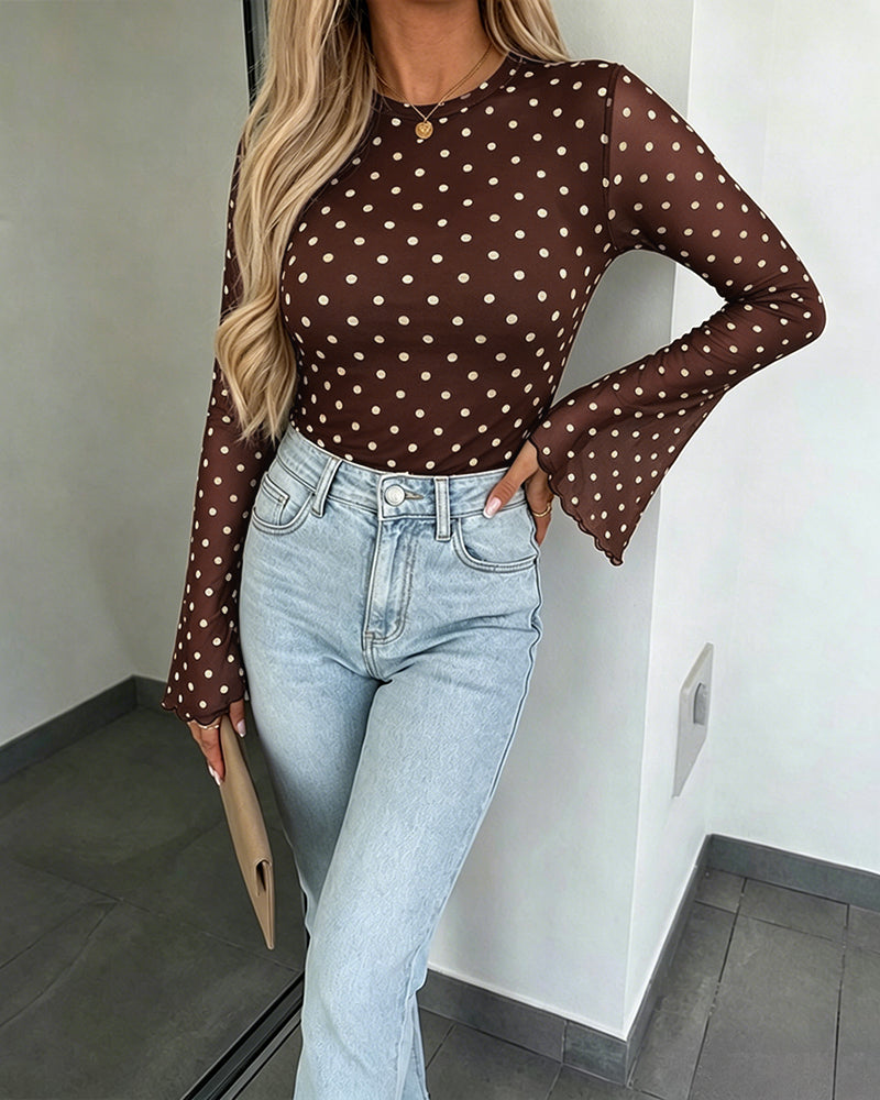 Women's Polka Dot Mesh Top Flare Long Sleeve Boat Neck Lined Asymmetric Frill Hem Blouse Vintage Party Shirt