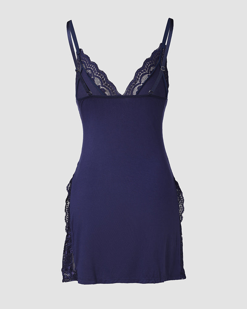 Lace Trim Adjustable Straps Side Slit Bowknot Decor Modal Cami Sleep Dress