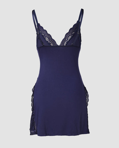 Lace Trim Adjustable Straps Side Slit Bowknot Decor Modal Cami Sleep Dress