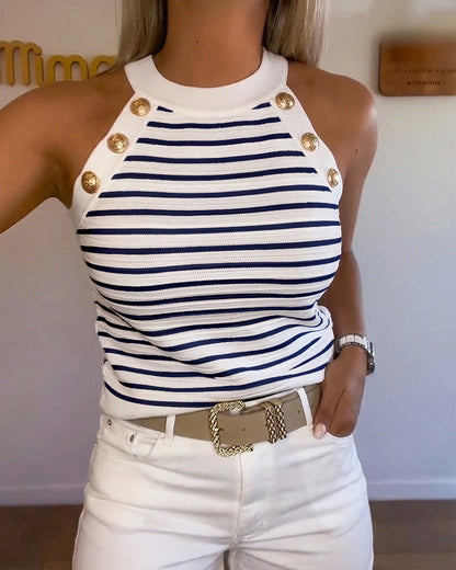 Women's Halter Neck Tank Top Striped Sleeveless Gold Button Contrast Binding Knit Top
