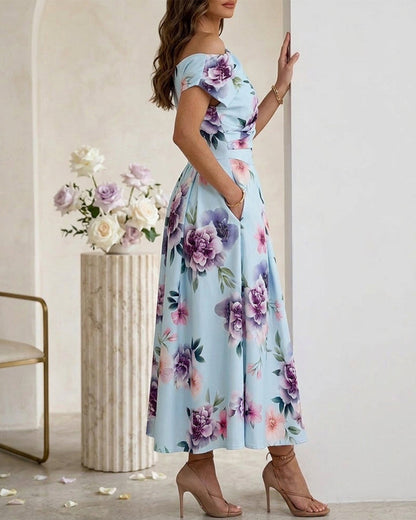 Women's Skew Neck Midi Dress Elegant Ruched Floral A-Line Dress High Waisted Vacation Dress with Pockets