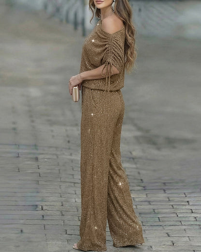 Women's Two-Piece Rhinestone Lounge Suit Skew Neck Top and Wide-Leg Pant Set Elegant Commuter Outfit with Pockets