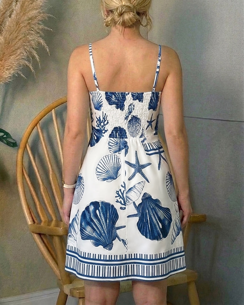 Women's 2 Piece Beach Outfits Seashell Print Sweetheart Neck High Slit Cami Top and Shorts Set Casual Vacation Set