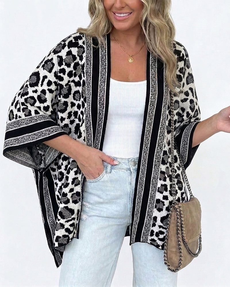 Women's Leopard Print Poncho Cardigan Contrast Striped Trim Open Front Loose Fit Batwing Sleeve Knit Cape Shawl