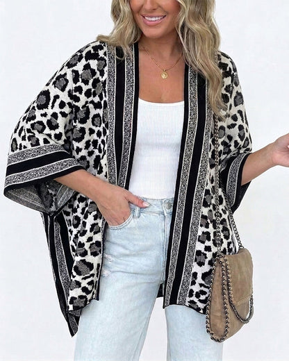 Women's Leopard Print Poncho Cardigan Contrast Striped Trim Open Front Loose Fit Batwing Sleeve Knit Cape Shawl