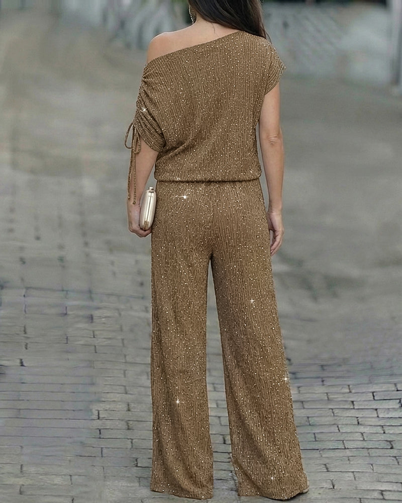 Women's Two-Piece Rhinestone Lounge Suit Skew Neck Top and Wide-Leg Pant Set Elegant Commuter Outfit with Pockets