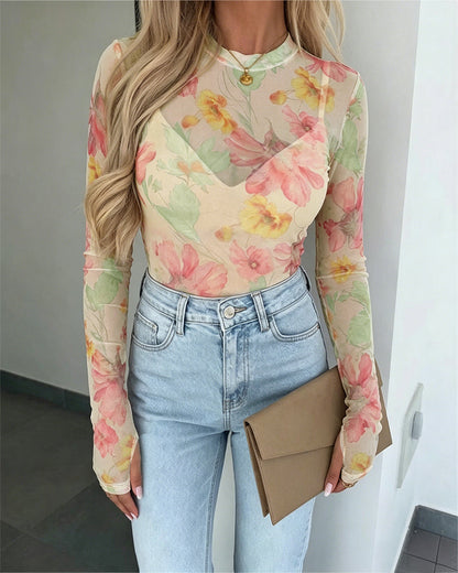 Women's French Style Watercolor Floral Print Mesh Top Long Sleeve Sheer Blouse See Through Slim Fit Tee with Thumbholes