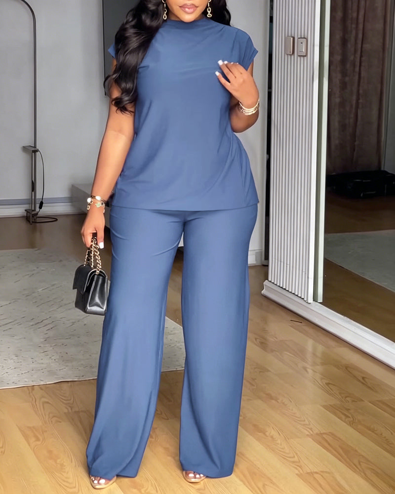 Women's 2 Piece Set Mock Neck Ruched Open Back Button Slit Top and Wide Leg Pants Casual Outfits with Pockets