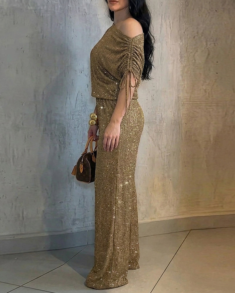 Women's Two-Piece Rhinestone Lounge Suit Skew Neck Top and Wide-Leg Pant Set Elegant Commuter Outfit with Pockets
