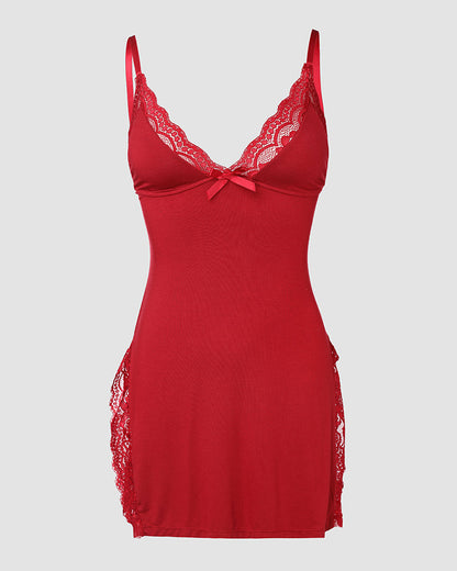 Lace Trim Adjustable Straps Side Slit Bowknot Decor Modal Cami Sleep Dress