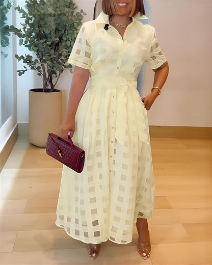 Women's Sheer Plaid Maxi Dress Short Sleeve Double Layer Swing Vacation Dress Elegant Flowy A Line Dress with Belt
