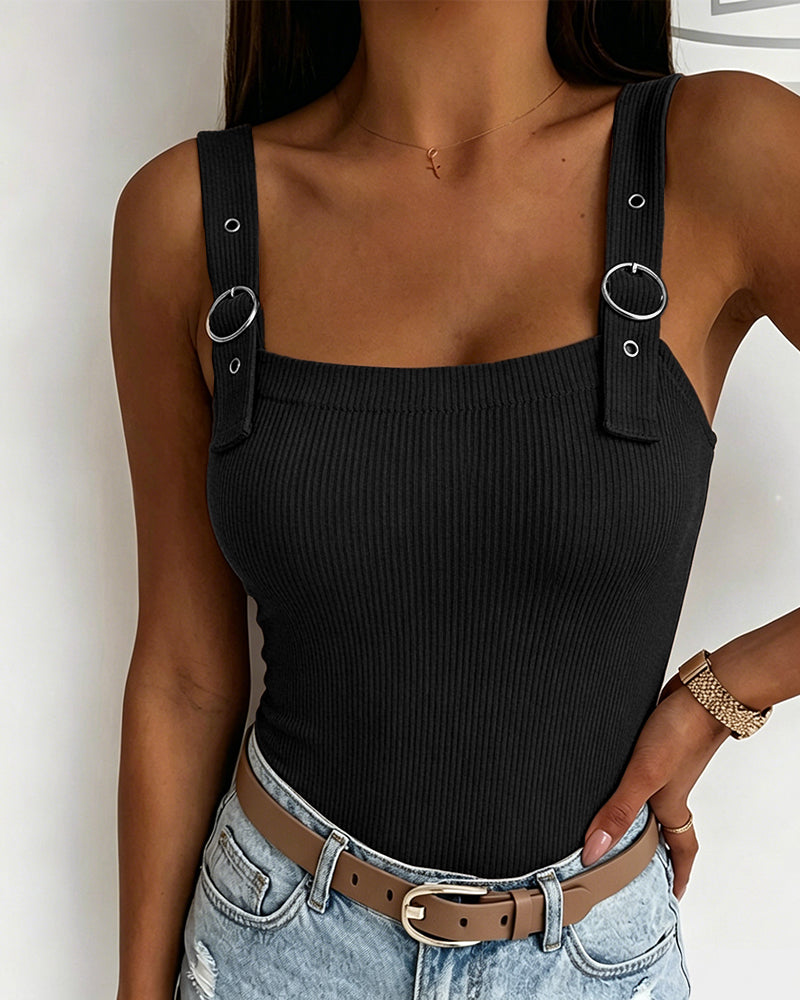 Women's Ribbed Knit Tank Top Square Neck Slim Fit Cami Top Adjustable Eyelet Strap Backless Top
