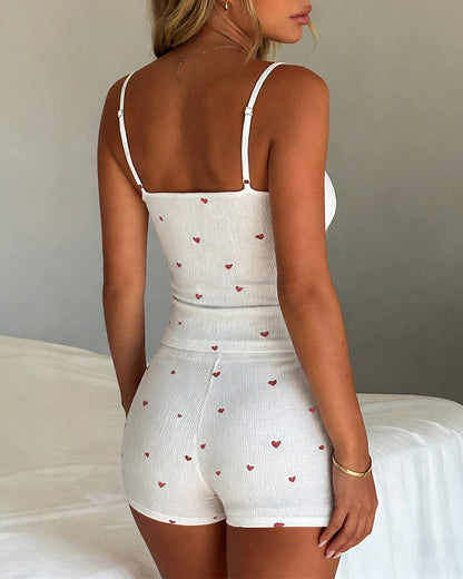 2 Pieces Outfit U-Neck Adjustable Spaghetti Straps Cami Top and Elastic Waist Shorts Set Slim Fit Allover Heart Print Knit Pajamas Set