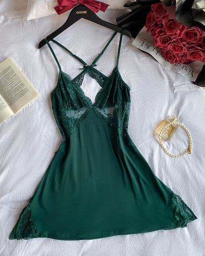 V-Neck Criss Cross Lace Patch Side Slit Babydoll Sleep Dress