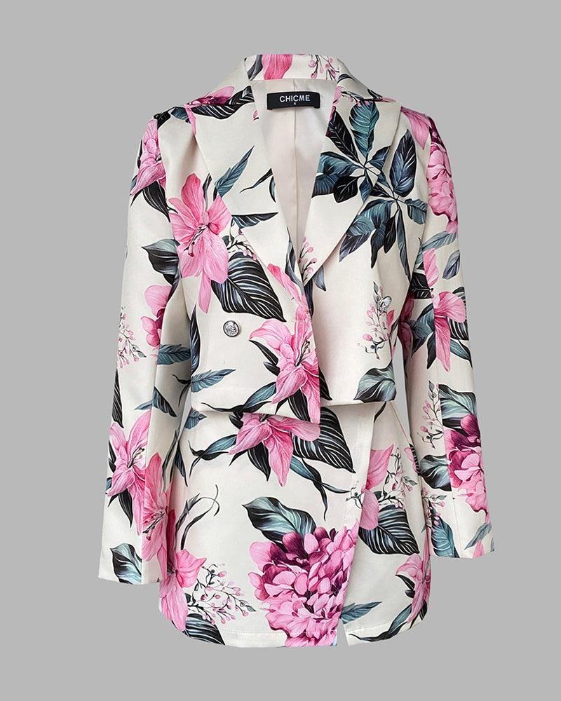 Women's 2 Piece Floral Outfits Double Breasted Cropped Blazer and High Waisted Skort Set Casual Suit Set