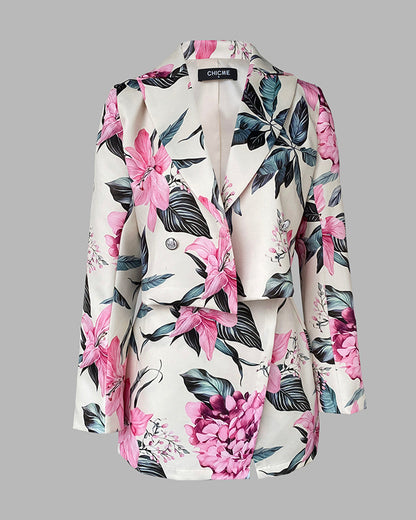 Women's 2 Piece Floral Outfits Double Breasted Cropped Blazer and High Waisted Skort Set Casual Suit Set