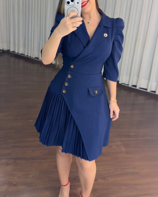 Women's Notch Lapel Blazer Dress Puff Sleeve Side Button Asymmetrical Pleated Hem A Line Work Dress