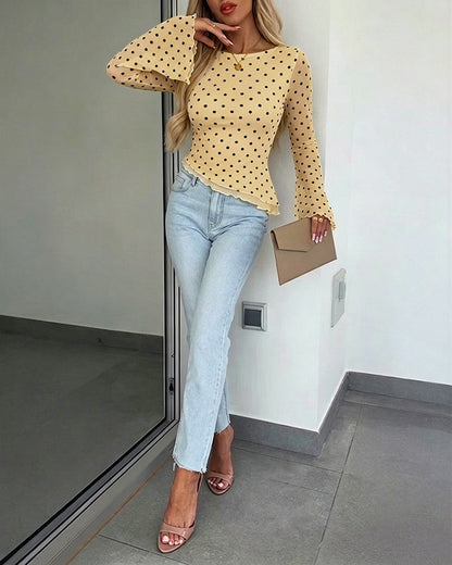 Women's Polka Dot Mesh Top Flare Long Sleeve Boat Neck Lined Asymmetric Frill Hem Blouse Vintage Party Shirt