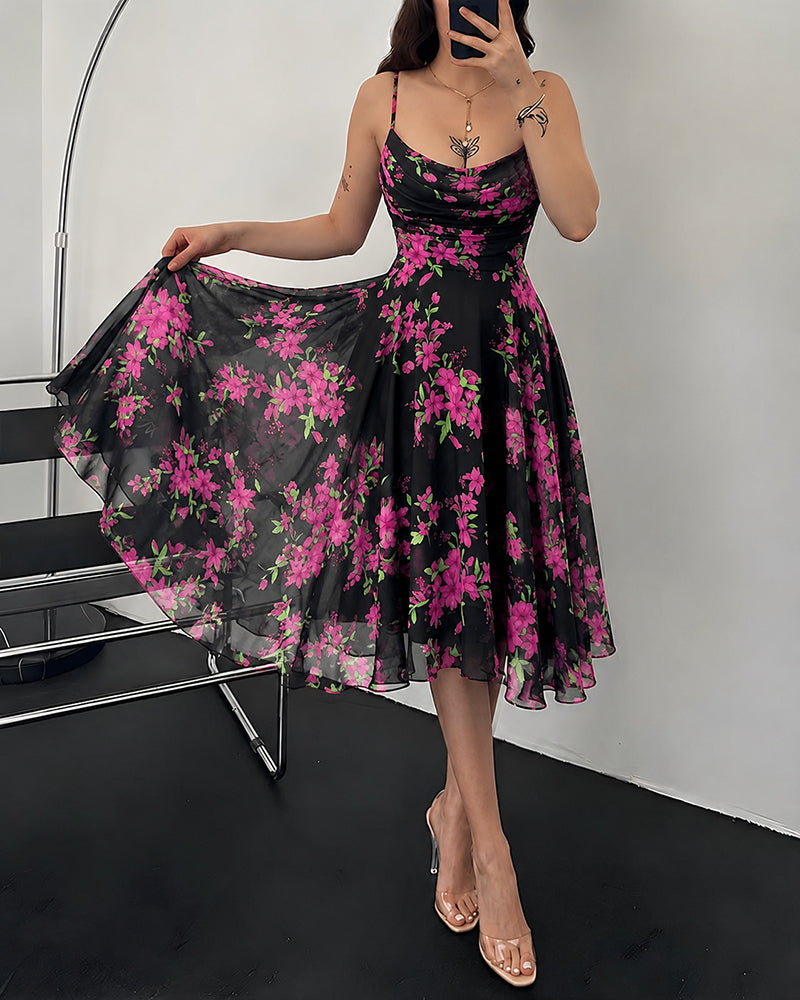 Women's Floral Print Cowl Neck Cami Dress High Waisted Sheer Mesh Overlay A-Line Dress Elegant Backless Flowy Party Dress