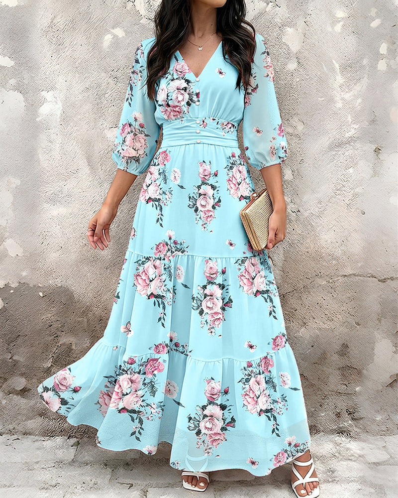 Women's Floral Print Ruffle Hem Maxi Dress V-Neck Three Quarters Sleeve Shirred Back A-Line Vacation Dress
