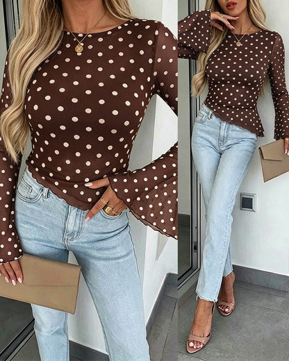 Women's Polka Dot Mesh Top Flare Long Sleeve Boat Neck Lined Asymmetric Frill Hem Blouse Vintage Party Shirt