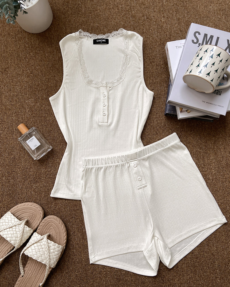 Women's 2-Piece Pajamas Set Lace Trim Henley Neck Tank Top and Shorts Set Casual Loungewear