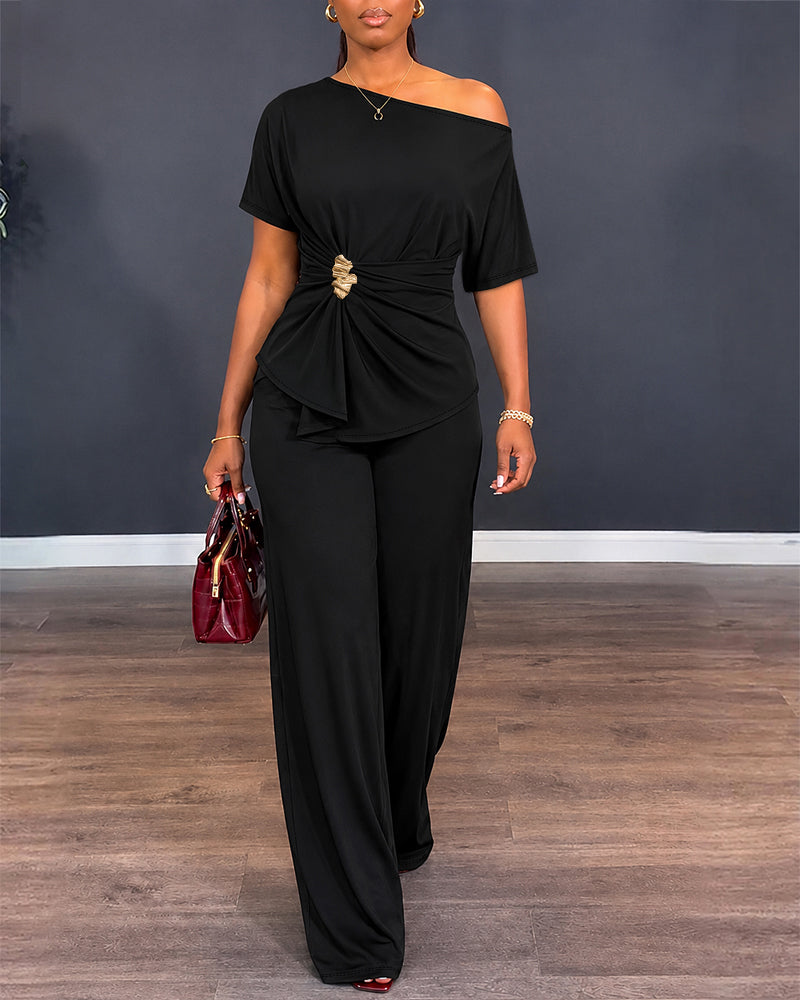 Women's Two Piece Outfits Convertible Shoulder Ruched Top and High Waisted Straight Leg Pants Set