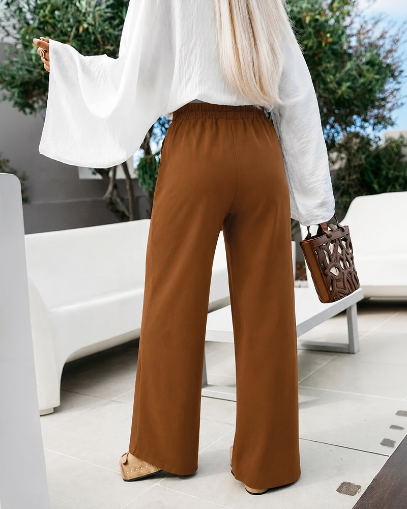 Women's High Waisted Wide Leg Pants Gold Hardware Front Overlapping Slit Loose Trousers with Pockets