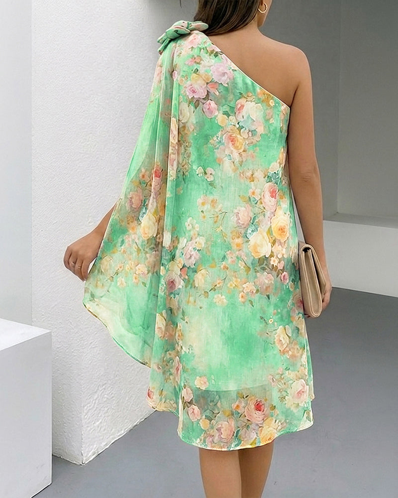 CHICME Women's Floral Print One-Shoulder Chiffon Dress 3D Floral Decor Split Sleeve Loose A-Line Mini Dress