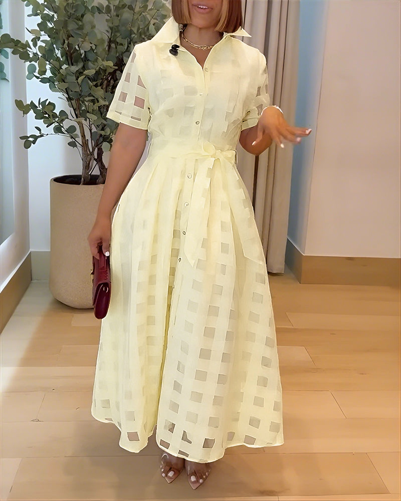 Women's Sheer Plaid Maxi Dress Short Sleeve Double Layer Swing Vacation Dress Elegant Flowy A Line Dress with Belt