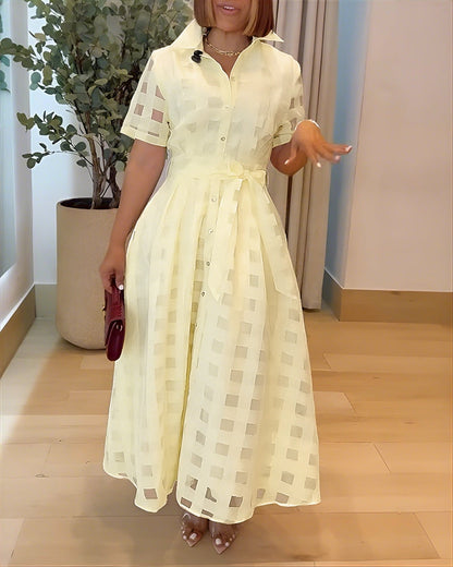 Women's Sheer Plaid Maxi Dress Short Sleeve Double Layer Swing Vacation Dress Elegant Flowy A Line Dress with Belt