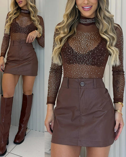 Women's Rhinestone Mock Neck Mesh Top Sexy Sheer Long Sleeve See Through Tee Sparkly Party Nightclub Top