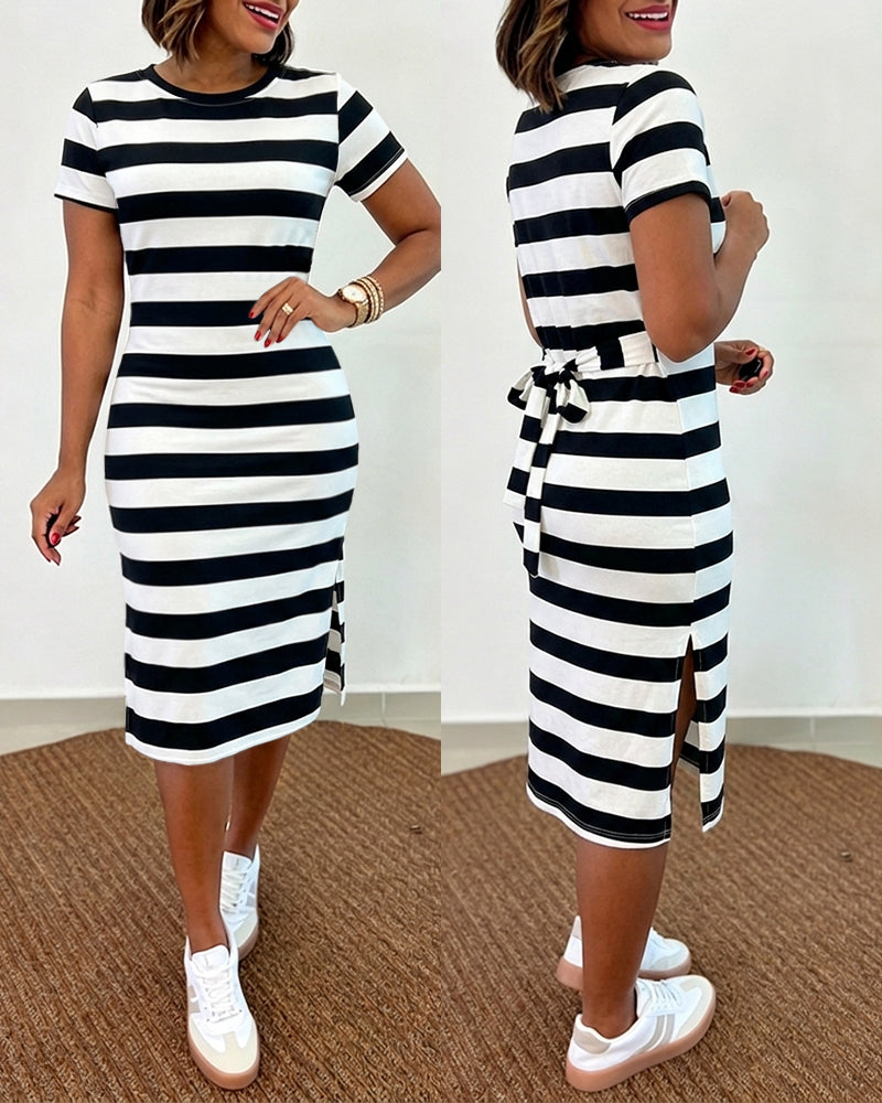Women's Casual Striped Midi Dress Short Sleeve Crewneck Tie Waist T Shirt Dress Side Slit Commuting Dress