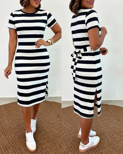 Women's Casual Striped Midi Dress Short Sleeve Crewneck Tie Waist T Shirt Dress Side Slit Commuting Dress