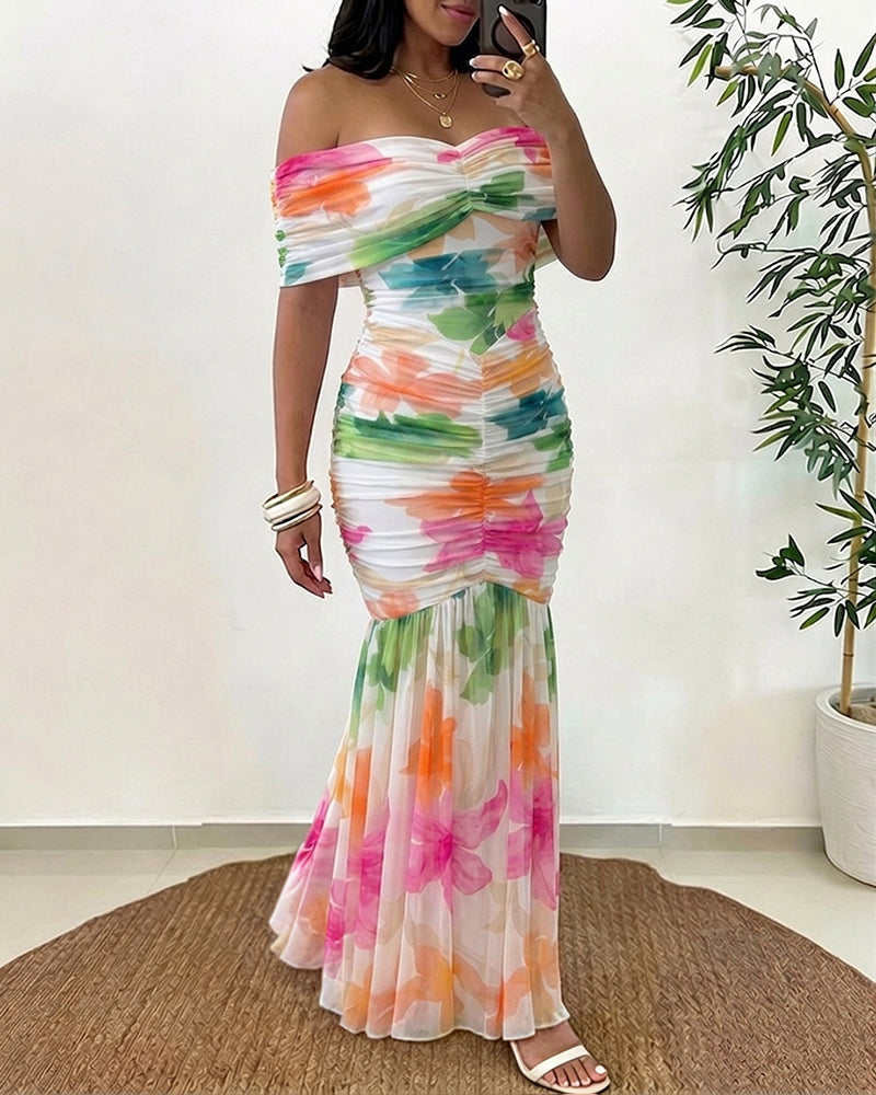 Women's Foldover Off-Shoulder Floral Mermaid Dress Mesh Ruched Maxi Gown with Detachable Clear Straps