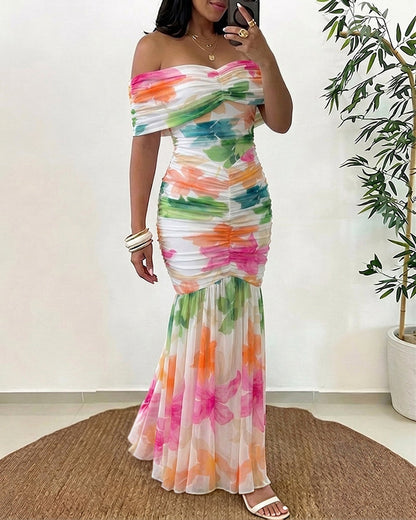 Women's Foldover Off-Shoulder Floral Mermaid Dress Mesh Ruched Maxi Gown with Detachable Clear Straps