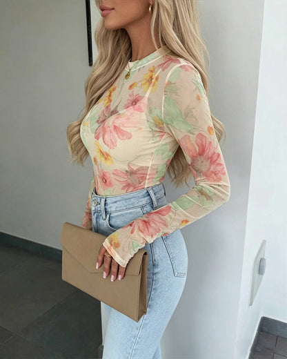 Women's French Style Watercolor Floral Print Mesh Top Long Sleeve Sheer Blouse See Through Slim Fit Tee with Thumbholes