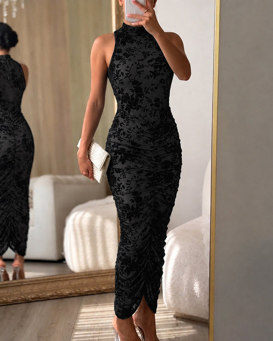 Women's Flocking Floral Mesh Midi Dress Mock Neck Sleeveless Ruched Bodycon Dress Sheer Overlay Cocktial Party Dress
