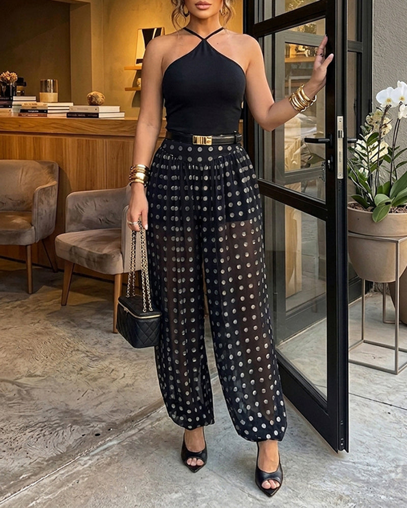 MISSYSECRET Women's Polka Dot Sheer Lantern Pants High Waist Loose Fit Harem Pants Vintage See-Through Trousers with Lining