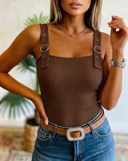 Women's Ribbed Knit Tank Top Square Neck Slim Fit Cami Top Adjustable Eyelet Strap Backless Top