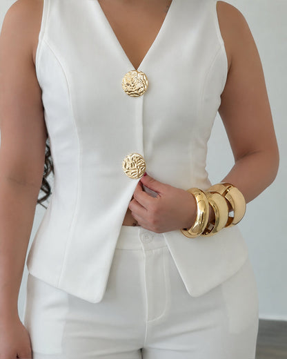 Women's 2 Piece Blazer Set Sleeveless V Neck Button Down Vest and High Waisted Straight Leg Pants Set Elegant Suit