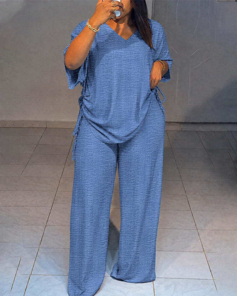 Women's Textured 2 Piece Outfits V Neck Drawstring Ruched Top and Wide Leg Pants Set Casual Loose Loungewear