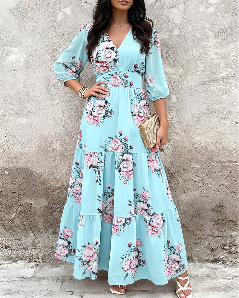 Women's Floral Print Ruffle Hem Maxi Dress V-Neck Three Quarters Sleeve Shirred Back A-Line Vacation Dress