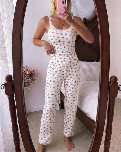 Women's Ditsy Floral Lace Trim Loungewear Set Slim Fit Cami Top and Straight Leg Pants Casual Pajamas Set