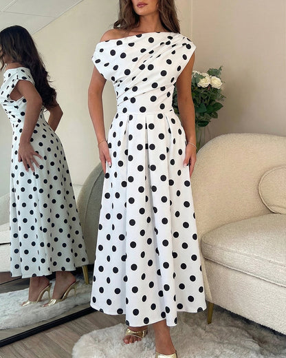Women's Skew Neck Polka Dot Maxi Dress Ruched A-Line Swing Dress Elegant Party Cocktail Dress with Pockets