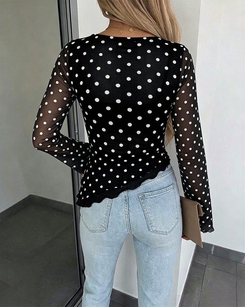 Women's Polka Dot Mesh Top Flare Long Sleeve Boat Neck Lined Asymmetric Frill Hem Blouse Vintage Party Shirt