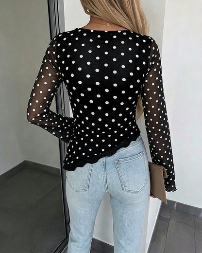 Women's Polka Dot Mesh Top Flare Long Sleeve Boat Neck Lined Asymmetric Frill Hem Blouse Vintage Party Shirt