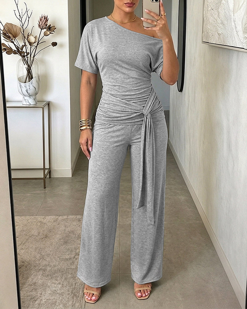 Women's Skew Neck 2 Piece Outfits Ruched Tie Waist Short Sleeve Top and High Waisted Wide Leg Pants Lounge Set