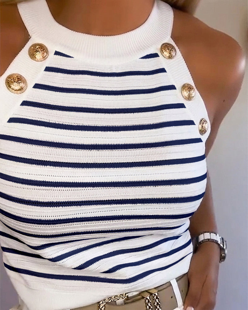 Women's Halter Neck Tank Top Striped Sleeveless Gold Button Contrast Binding Knit Top